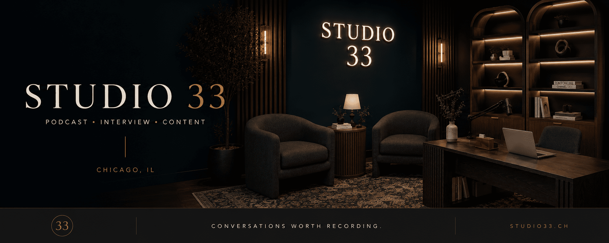 Studio33 by Amata — podcast and video recording studio with two-chair interview set, Chicago Loop
